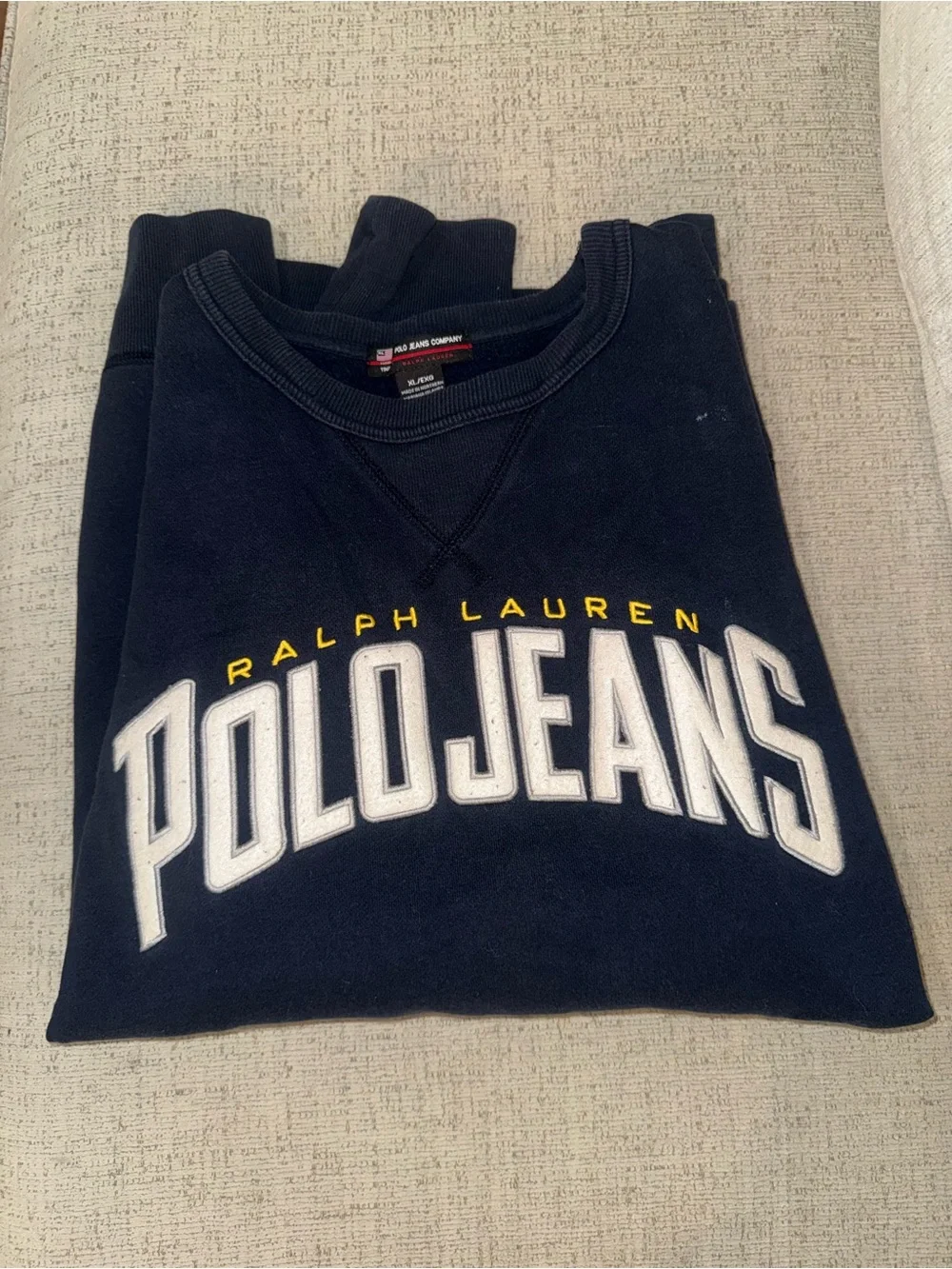 Ralph Lauren Polo Jeans Navy Crewneck Sweatshirt with White and Yellow Logo